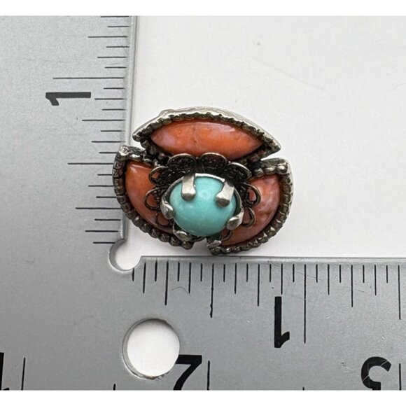 Vintage Faux Turquoise & Coral Earrings Screw Back Silver Tone Floral - Picture 3 of 6